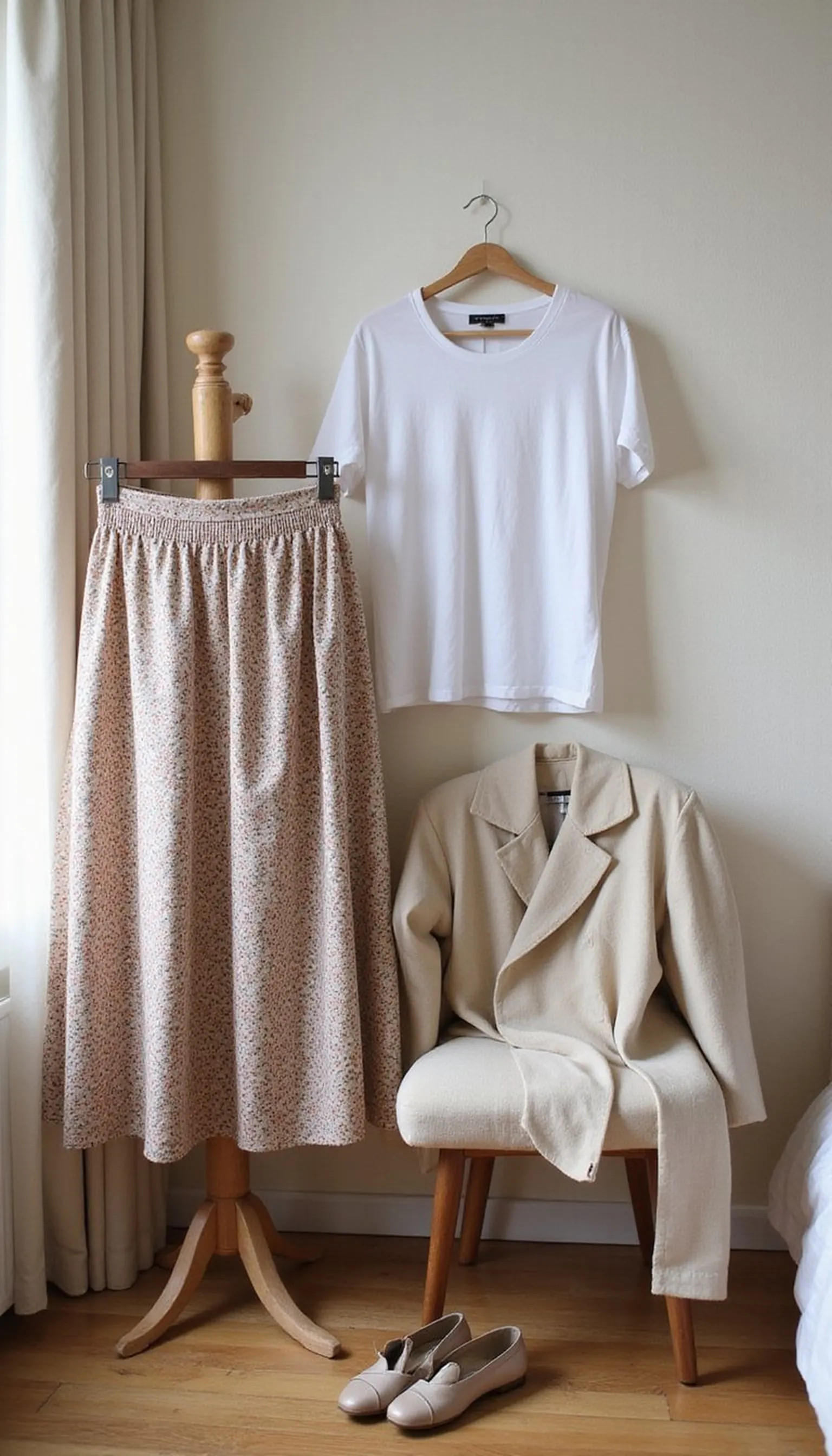 Printed skirt with a tucked-in tee and blazer