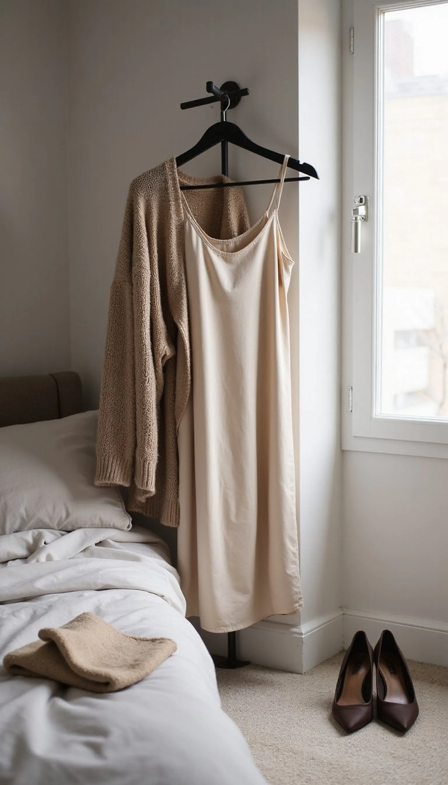 Silk slip dress with a soft knit cardigan