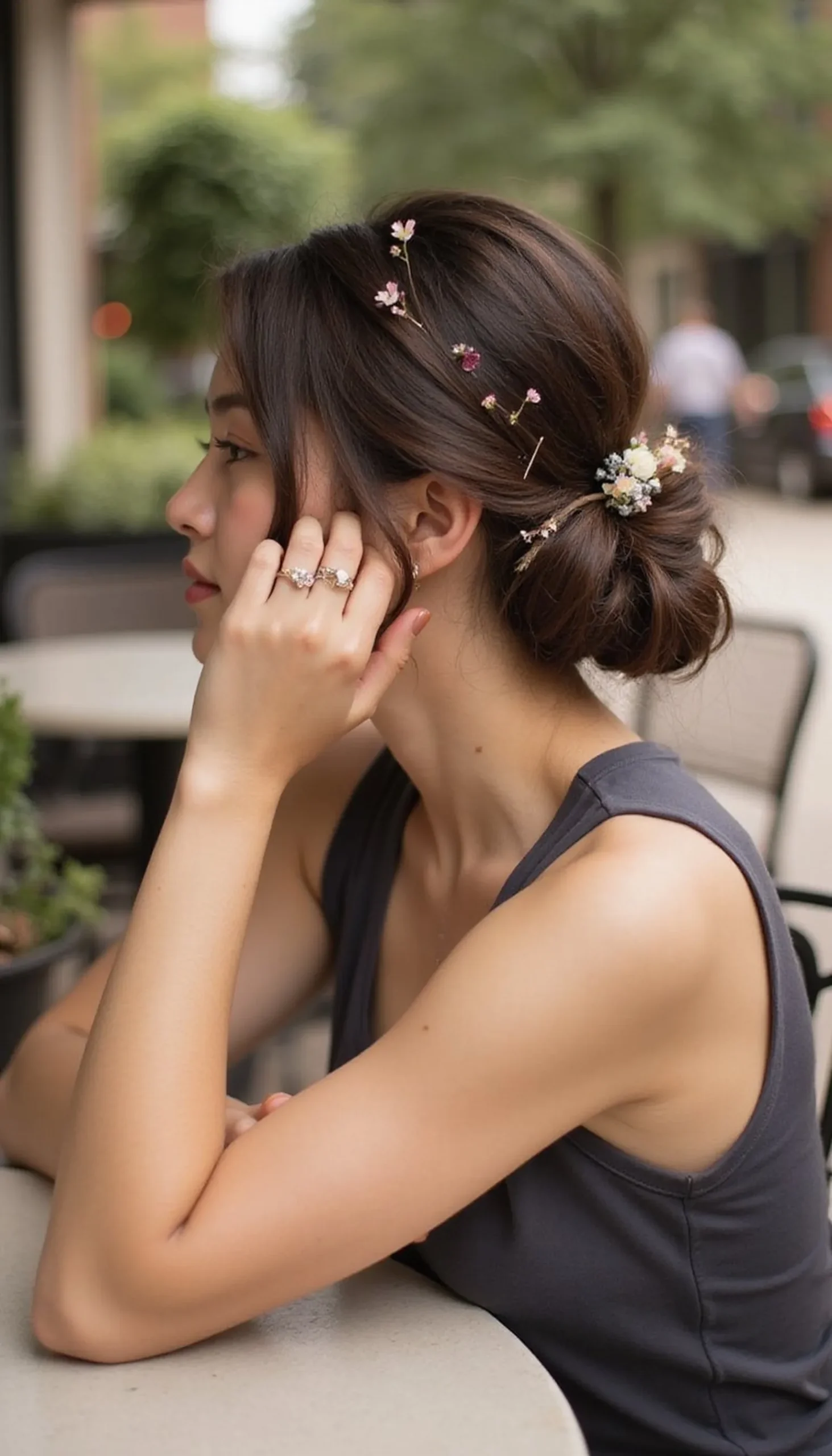 Low Messy Bun With Delicate Floral Pins