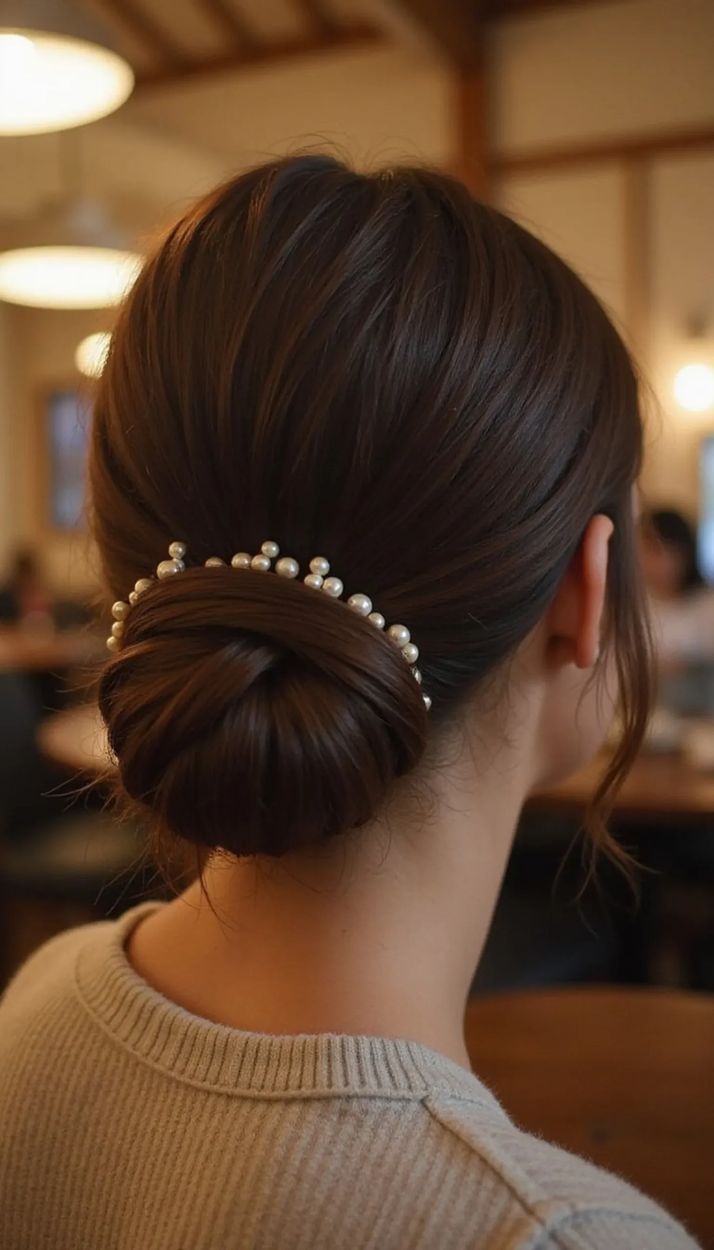 Twisted Low Bun With Pearl Pin Accents