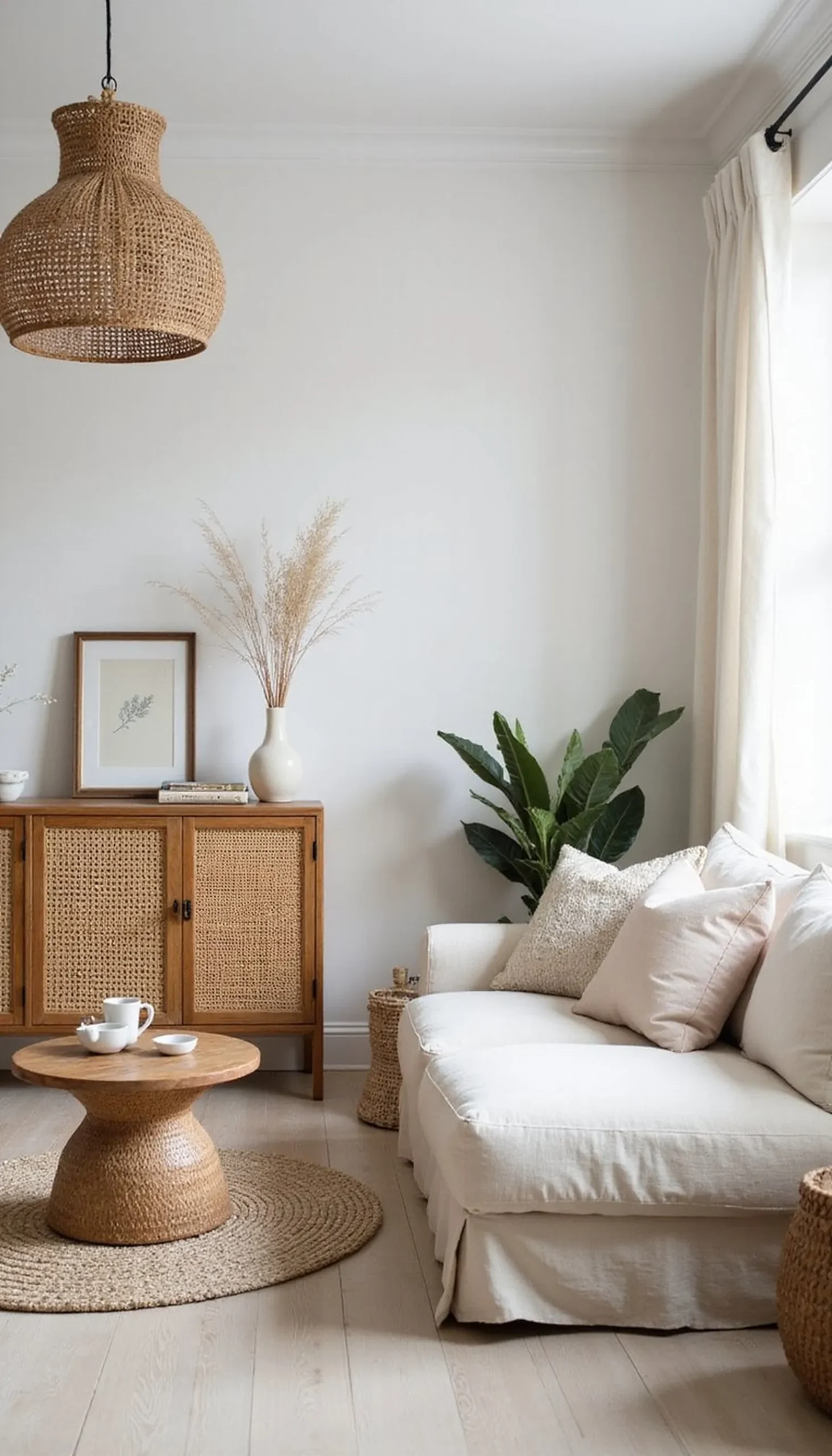 Cane and rattan accents for light, airy texture