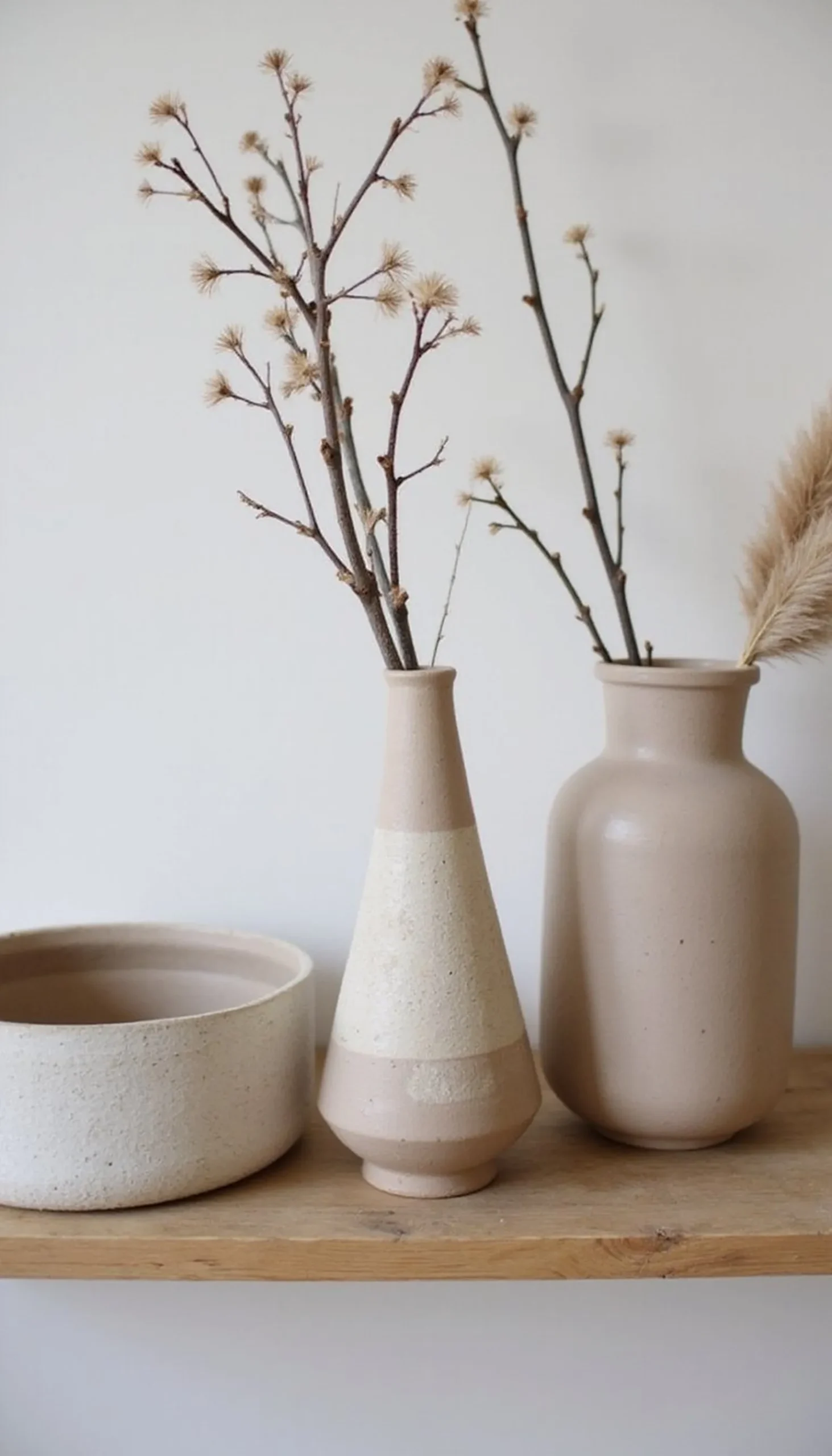 Earthy ceramics and sculptural vases on display