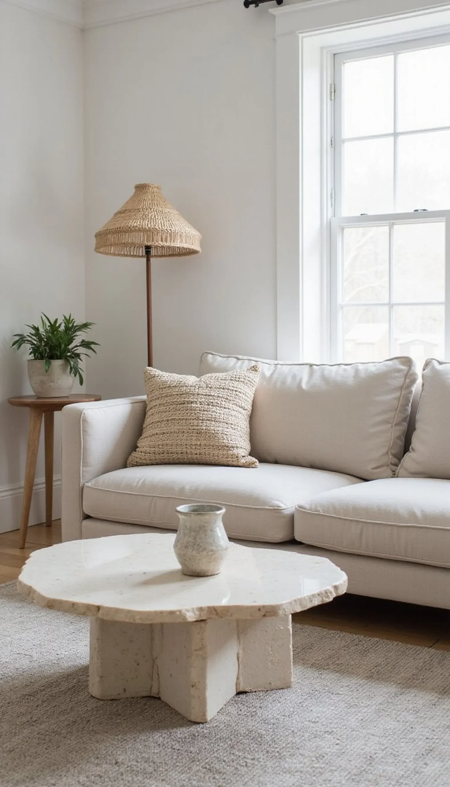 Low-profile sofas and sculptural coffee tables together