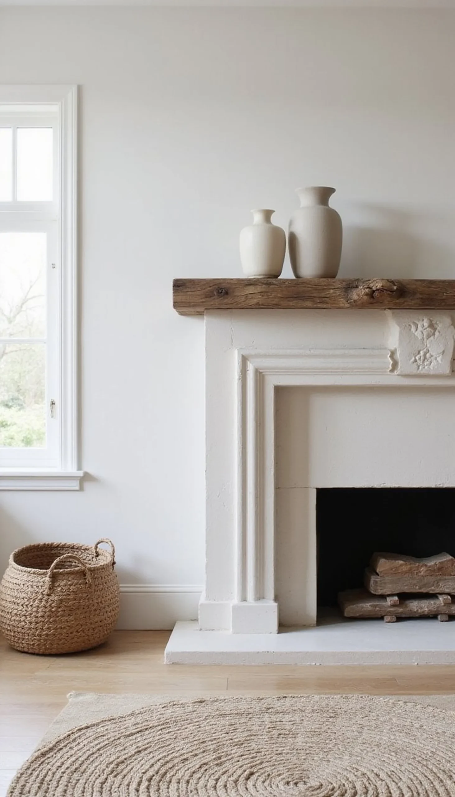 Neutral boho fireplace styling for cozy focal points