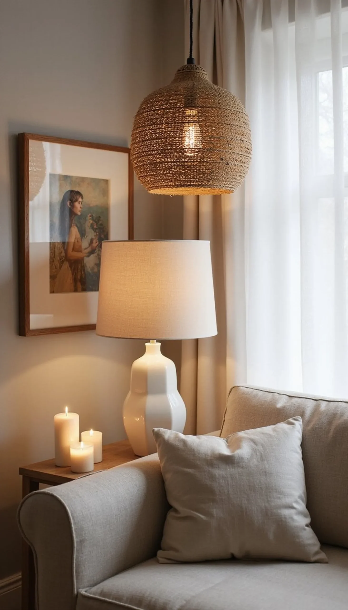 Soft lighting layers: pendants, lamps, and candles