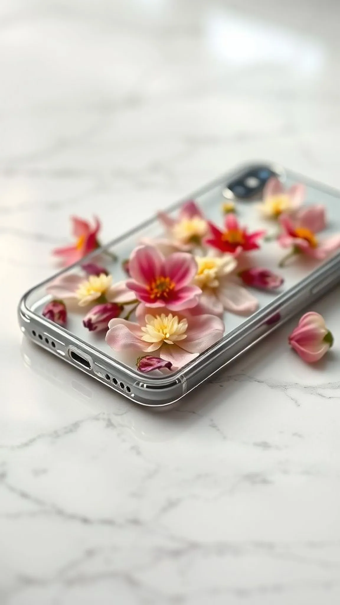 Clear phone case with preserved spring bloom inside