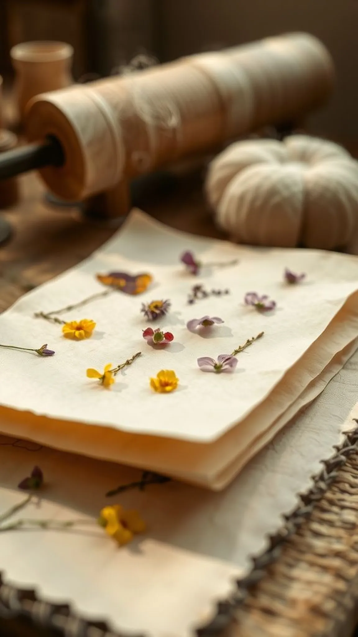 Pressed florals inlaid into homemade paper sheets