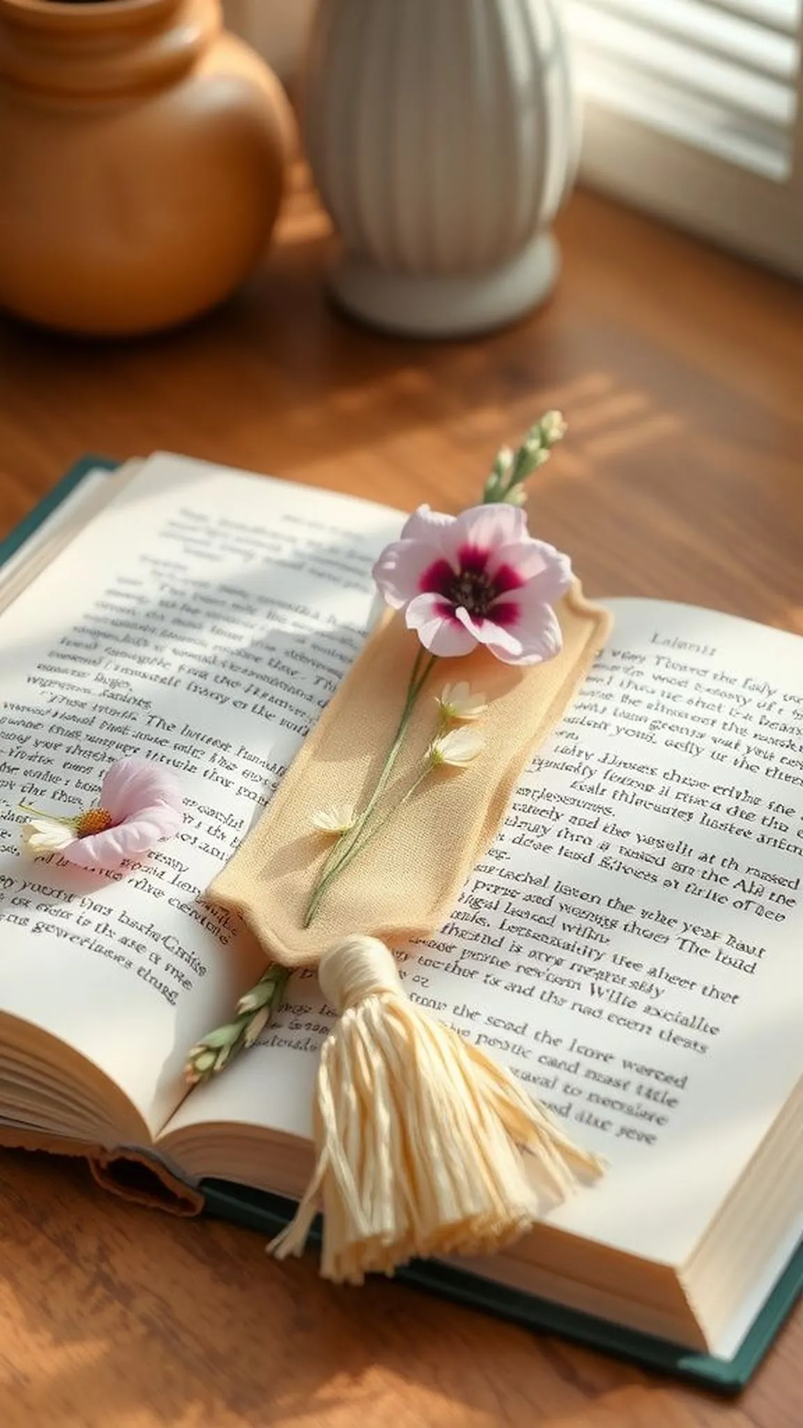 Pressed flower bookmarks with stitched linen tassels