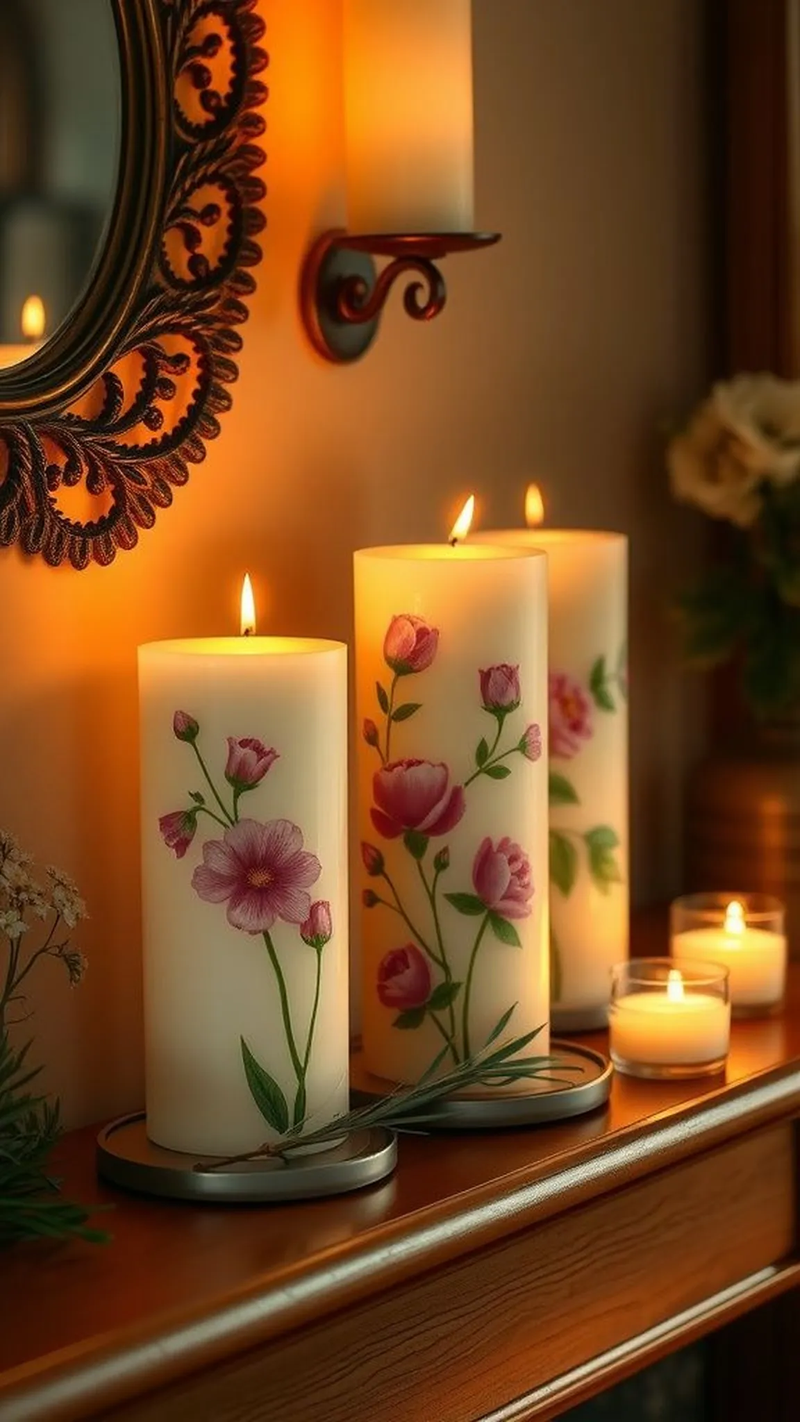 Pressed flower candles with embedded petal panels