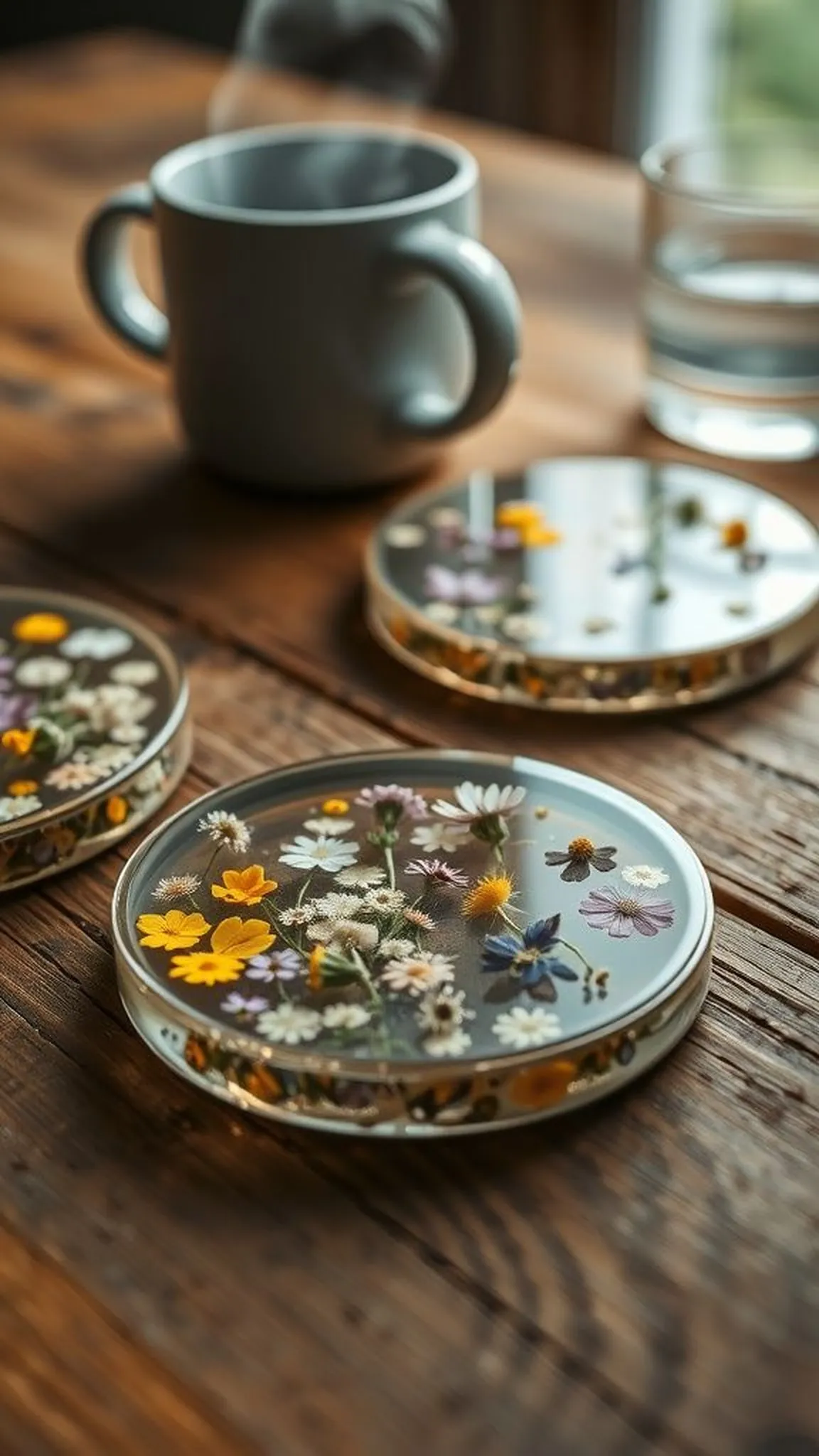 Pressed flower coasters that catch condensation