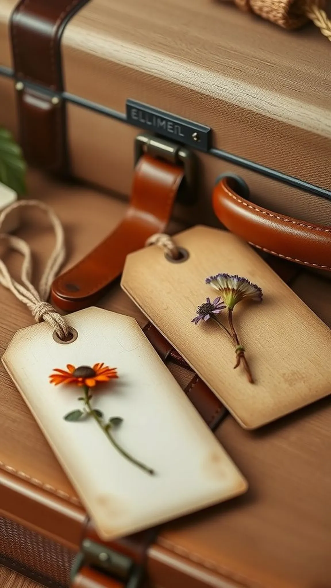 Pressed flower luggage tags with rustic charm