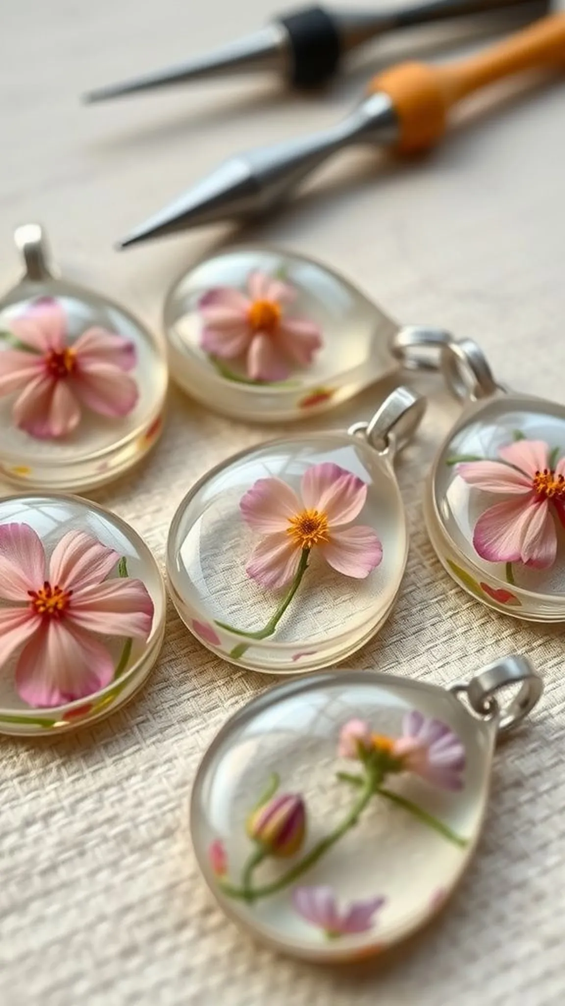 Resin pendants capturing tiny floral memories