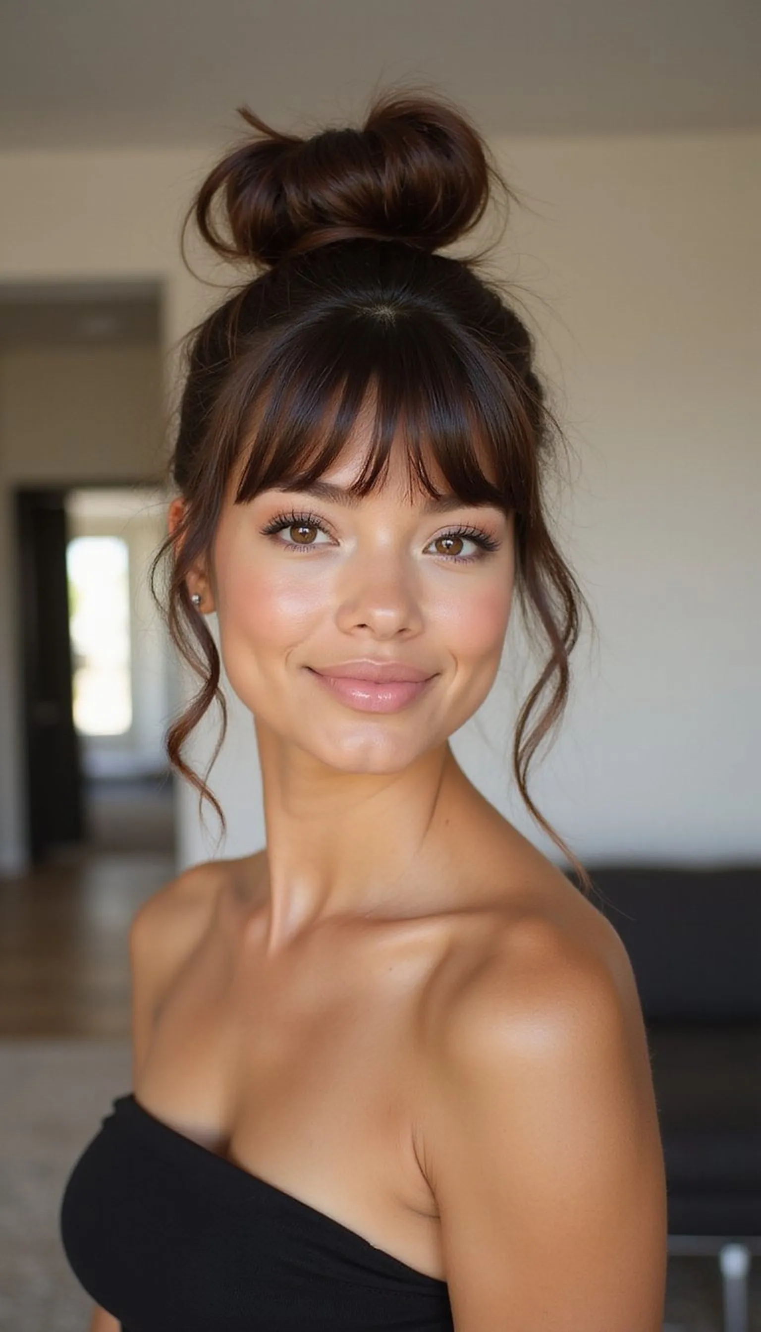 High Top Knot With Face-Framing Curtain Bangs