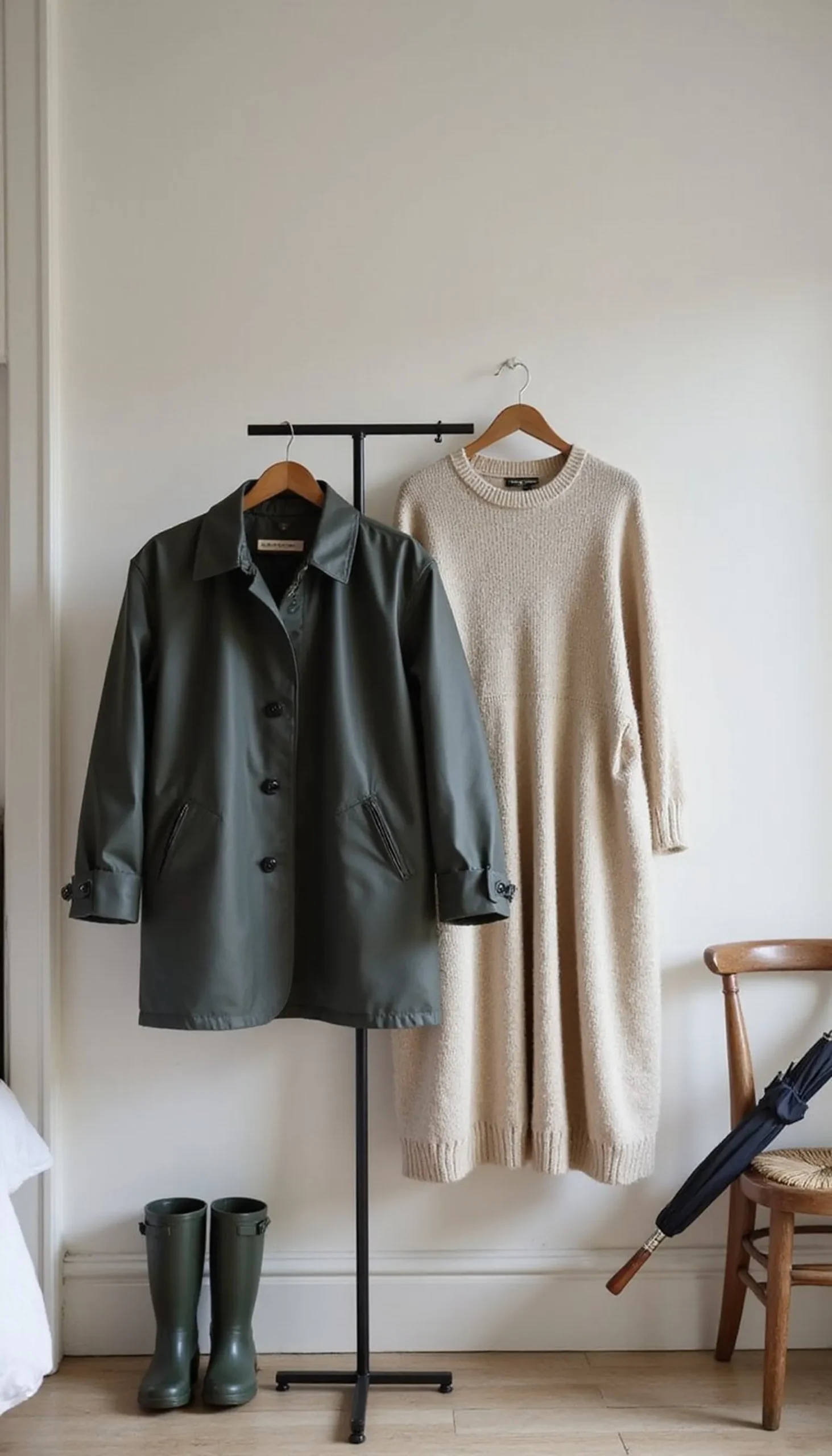 Boxy rain jacket with a soft midi sweater dress