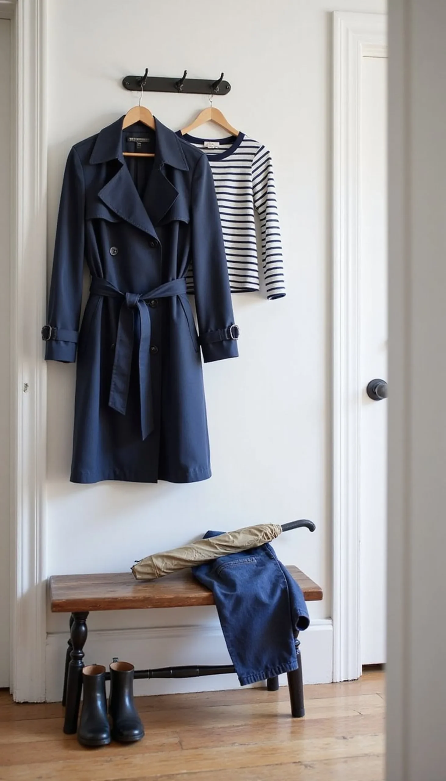 Breton stripes and navy trench — classic pairing