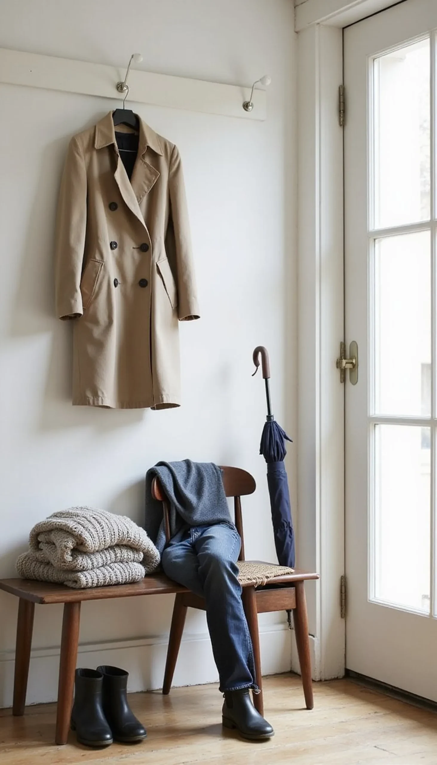 Light trench and slim jeans for rainy strolls