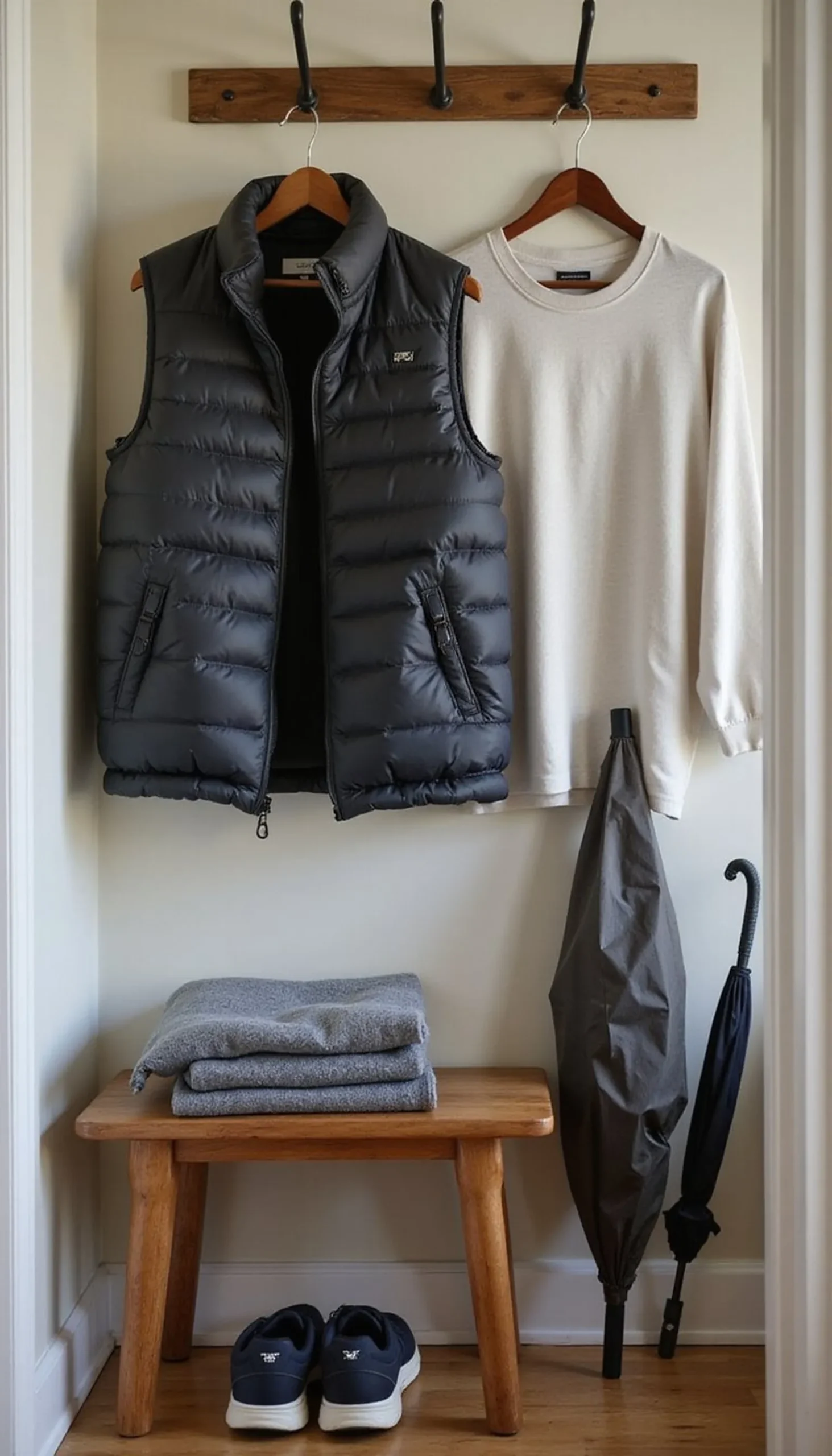 Lightweight puffer vest over long sleeves