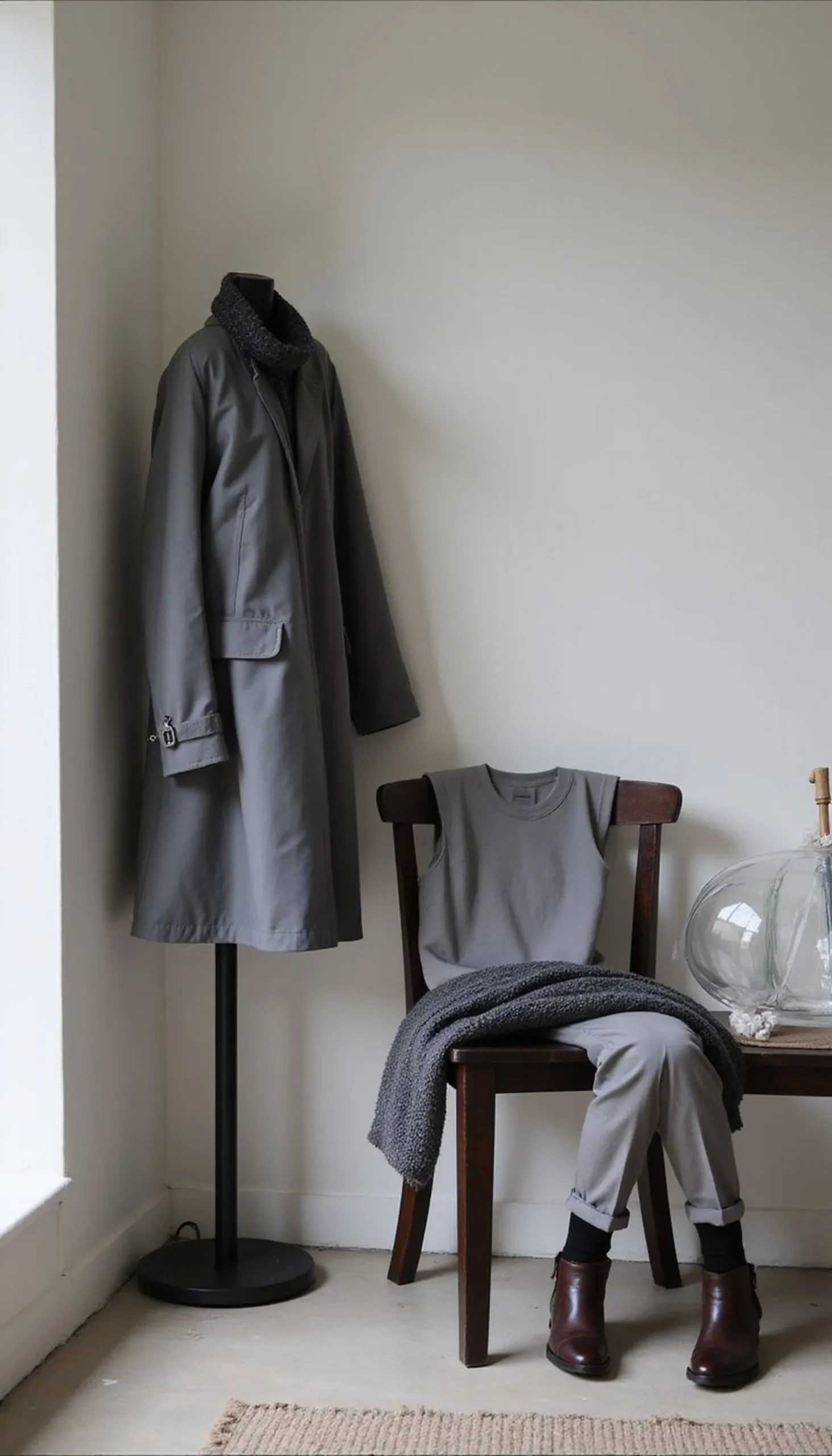 Monochrome gray outfit with clear umbrella