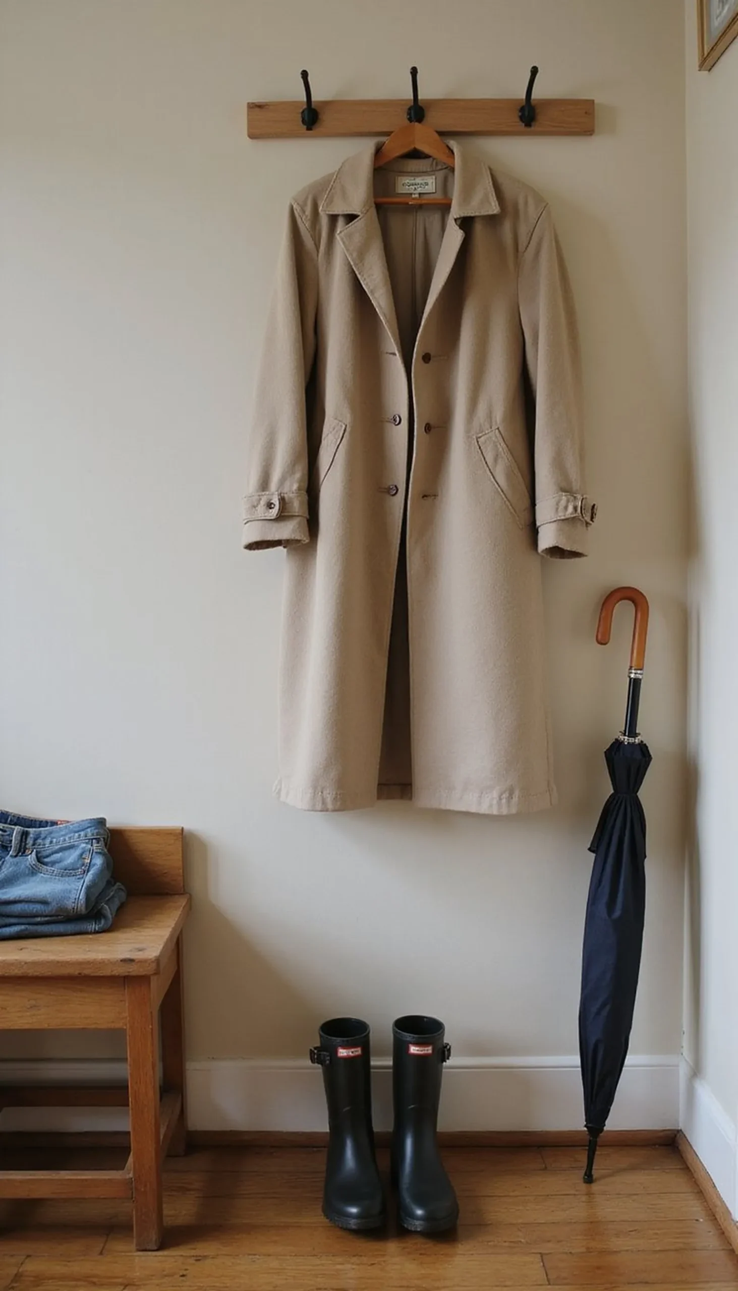 Neutral cardigan under a waterproof mac