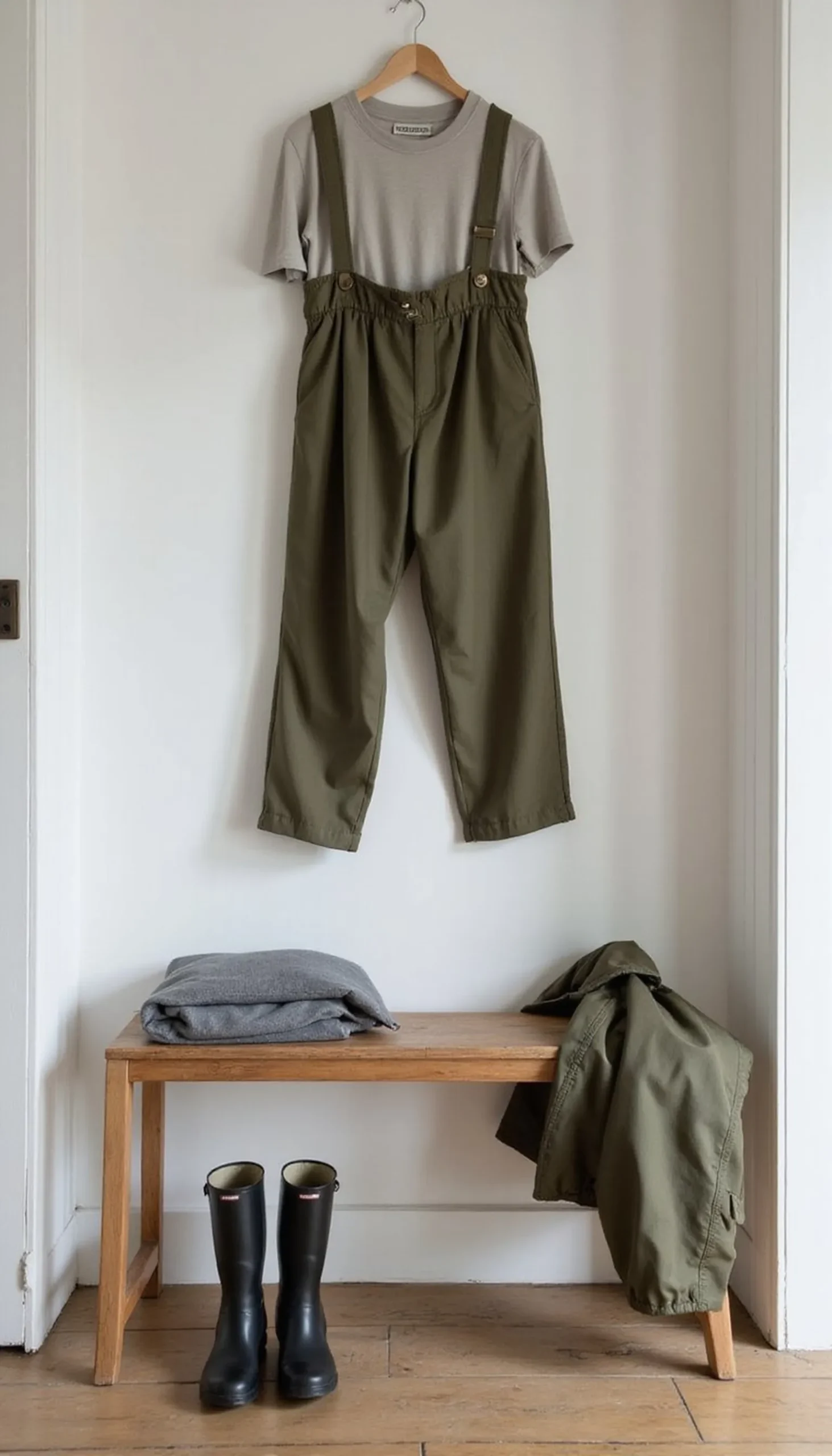 Paper-bag waist pants with slick rain boots