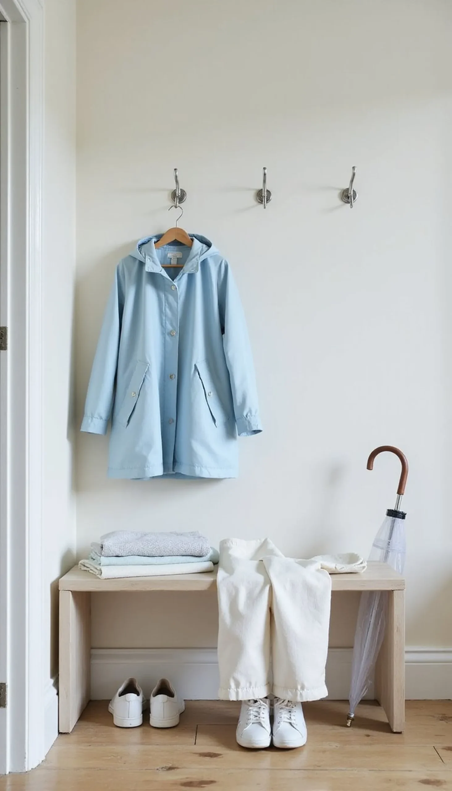 Pastel raincoat with neutral sneakers — easy style