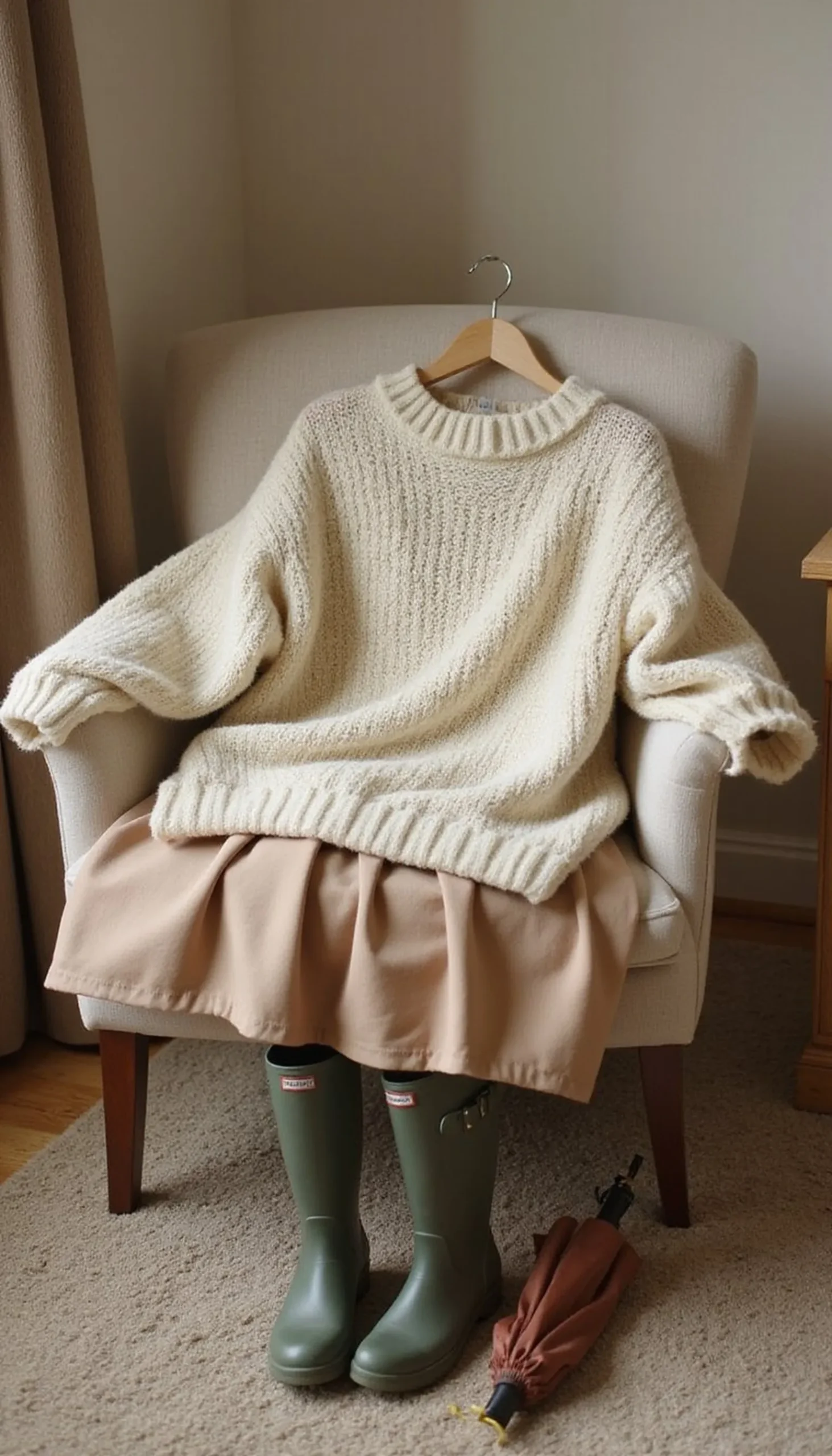 Soft knit sweater and coated midi skirt pairing