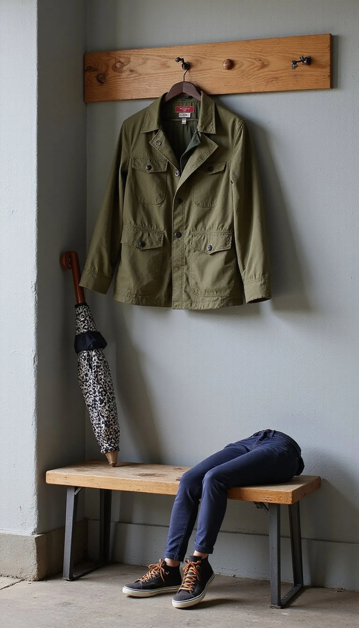Utility jacket and high-top waterproof sneakers