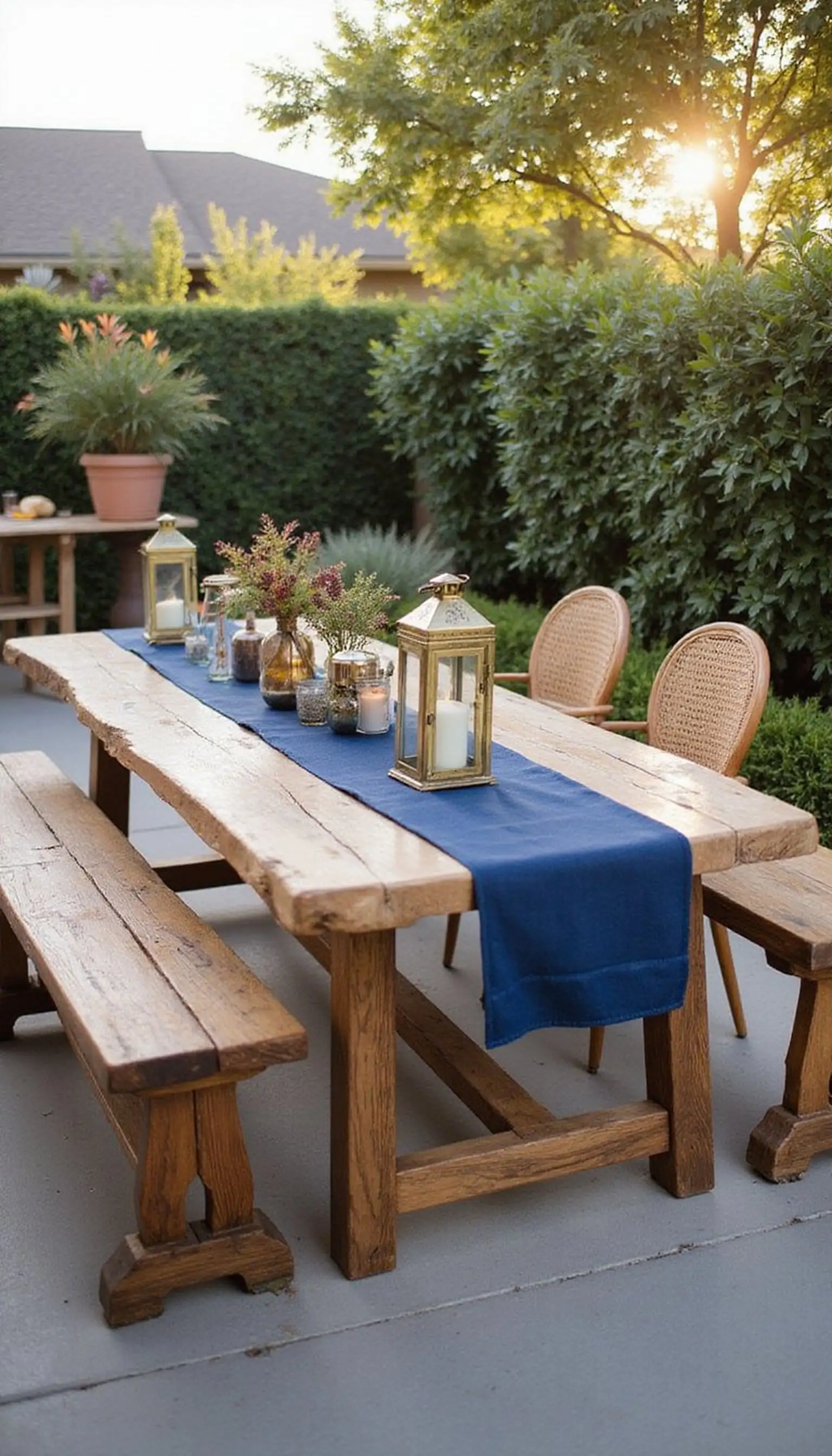 Outdoor Dining with Driftwood Table and Lanterns