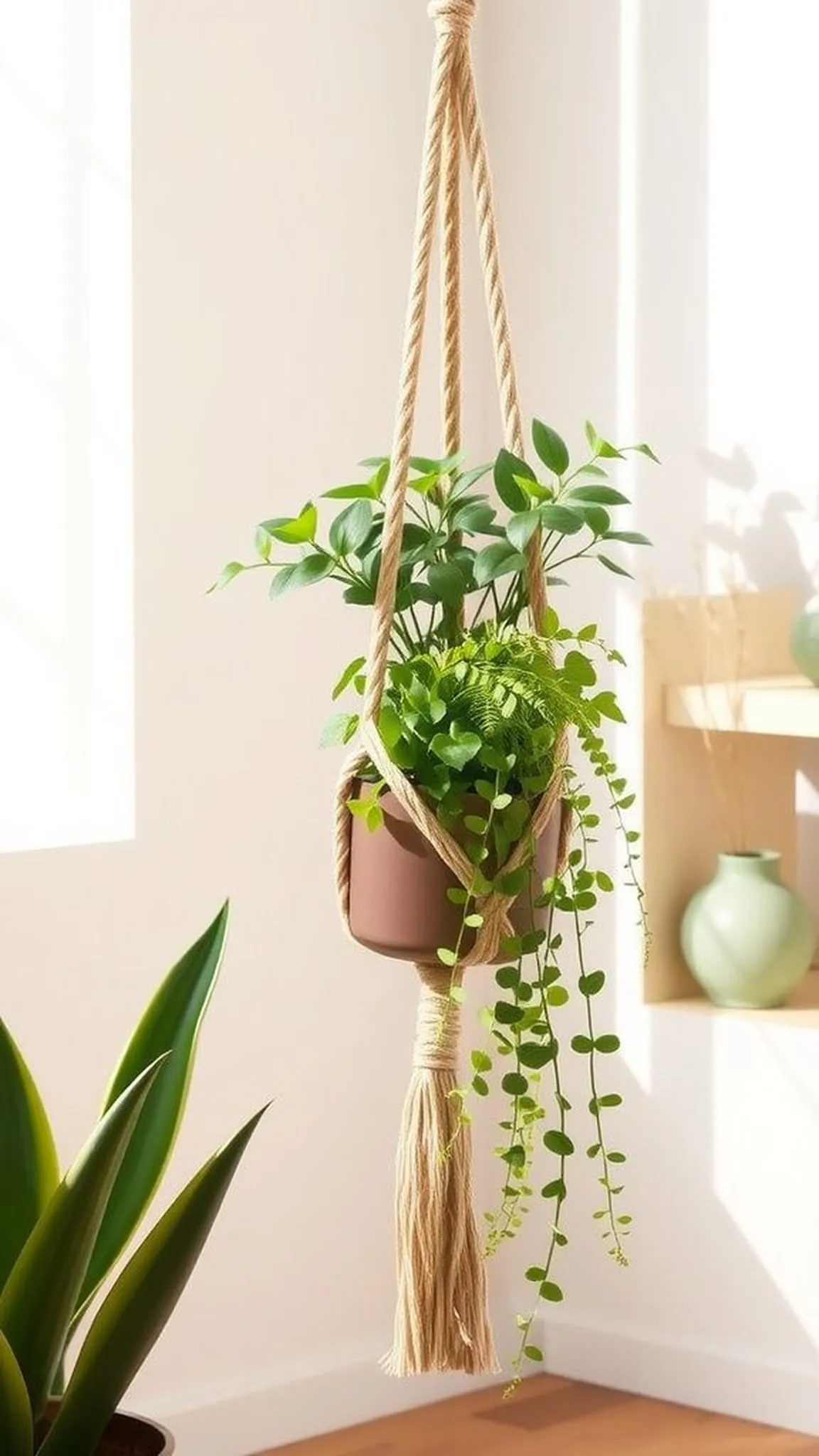 Macramé plant hanger with chunky twine strands
