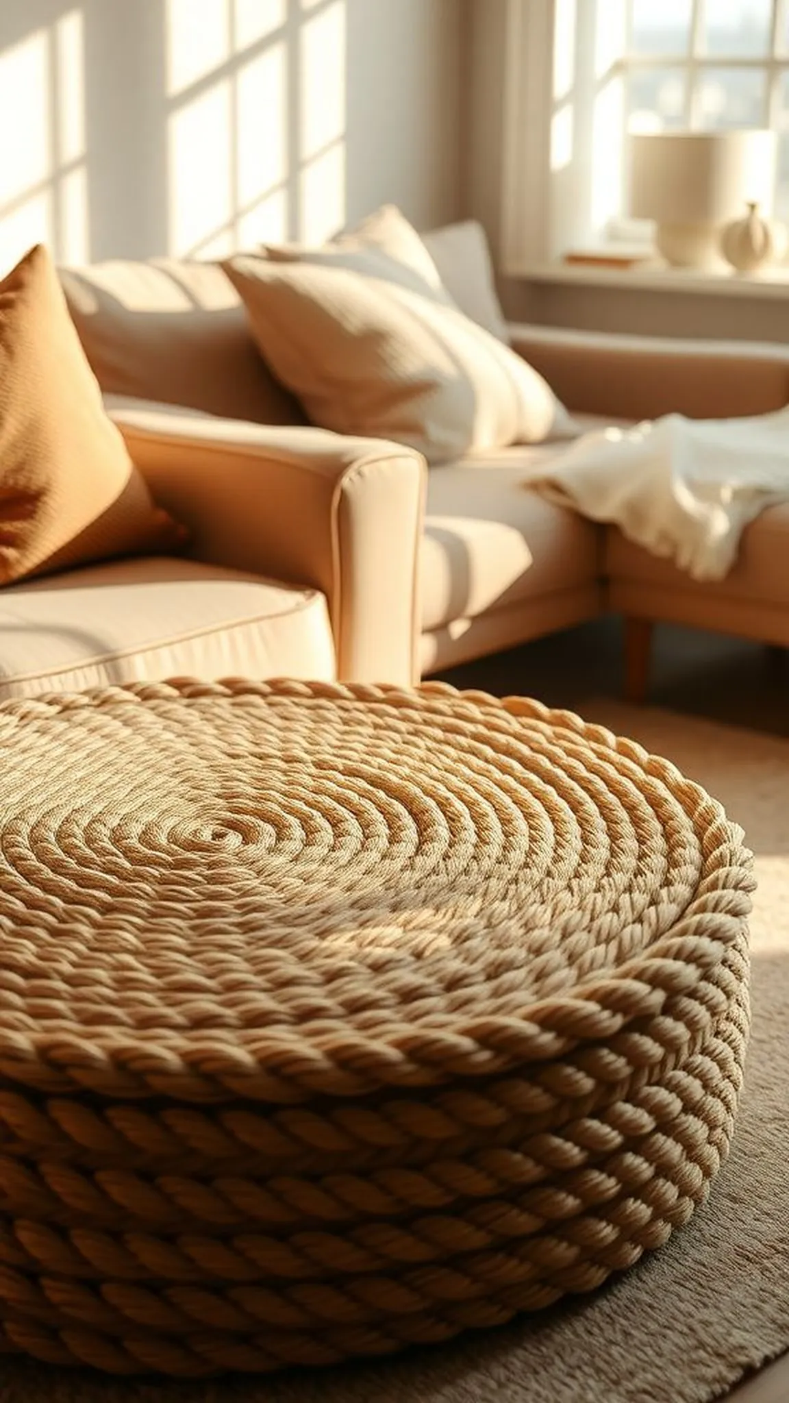 Rope ottoman with low, tactile surface