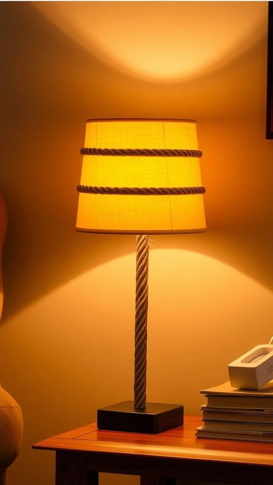 Rope-wrapped lampshade for soft ambient glow