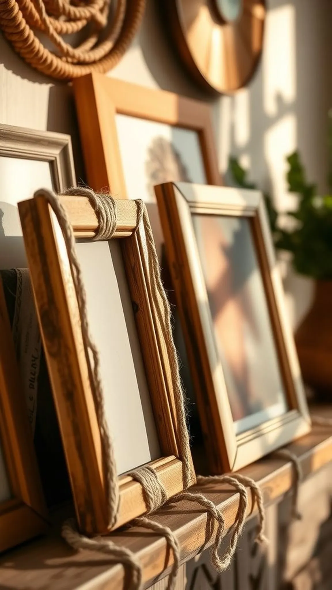 Rope-wrapped picture frames with weathered edge