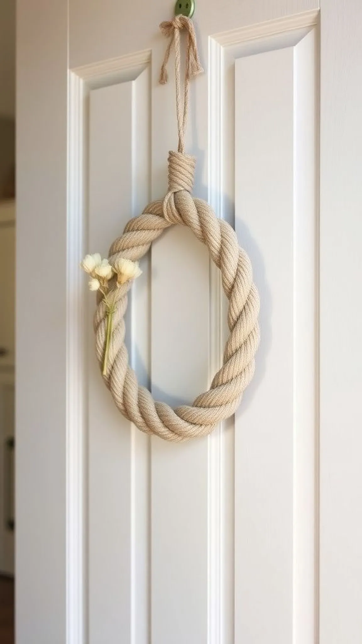 Rope wreath with seasonal accents on the door