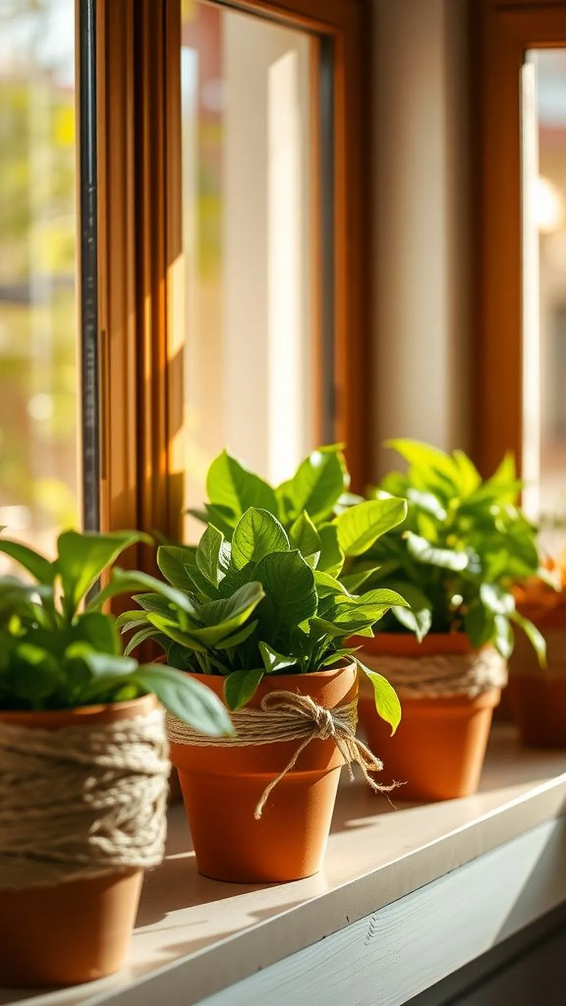 Twine-laced planter pots with earthy tones