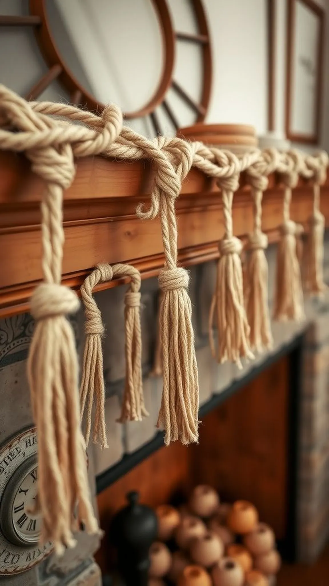 Twine tassel garland draped across a mantel