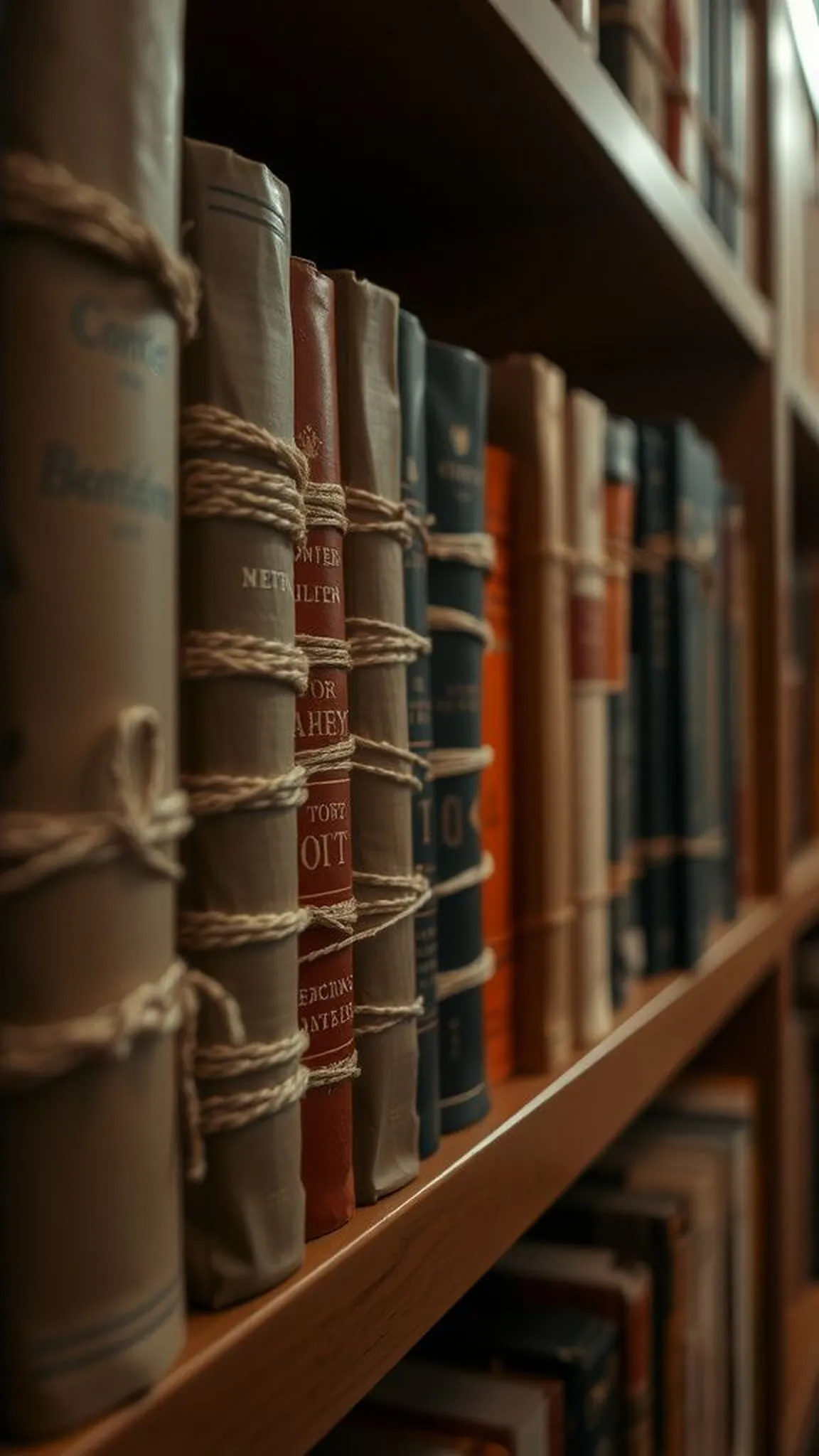 Twine-wrapped book covers for shelf unity