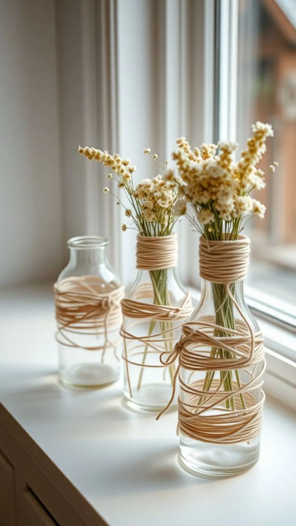 Twine-wrapped glass vases with organic look