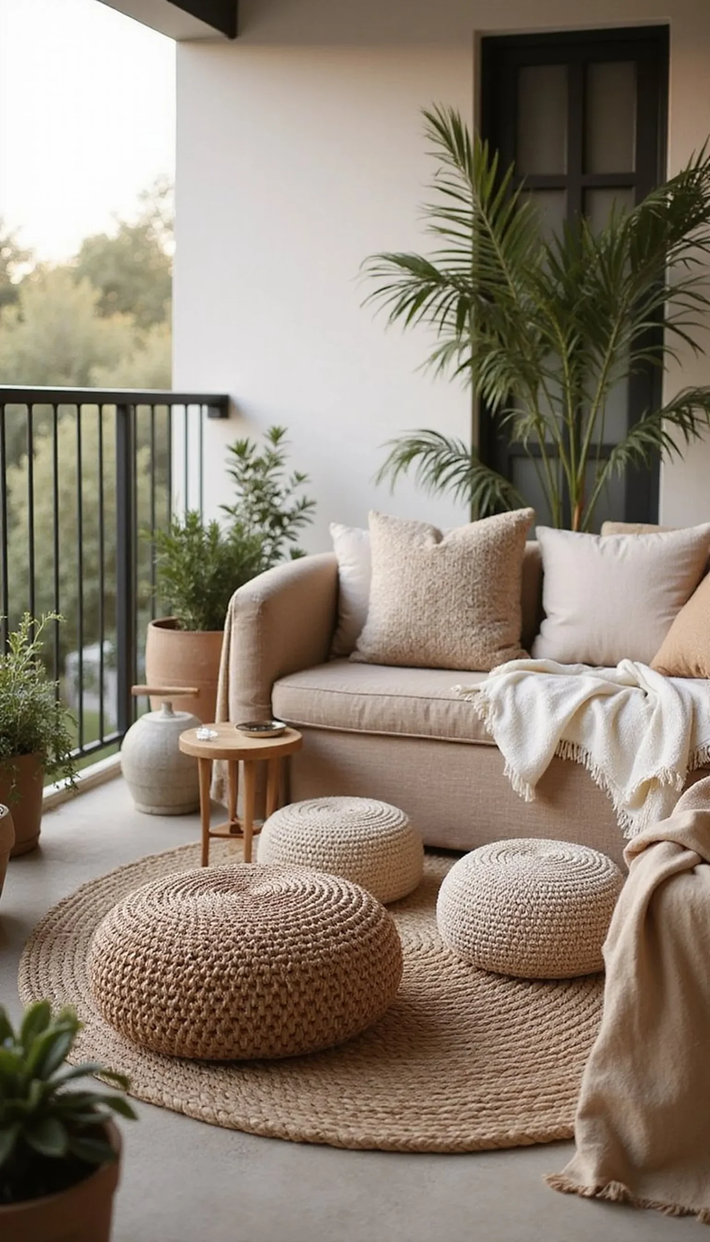 Cozy Floor Seating With Poufs and Outdoor Rugs