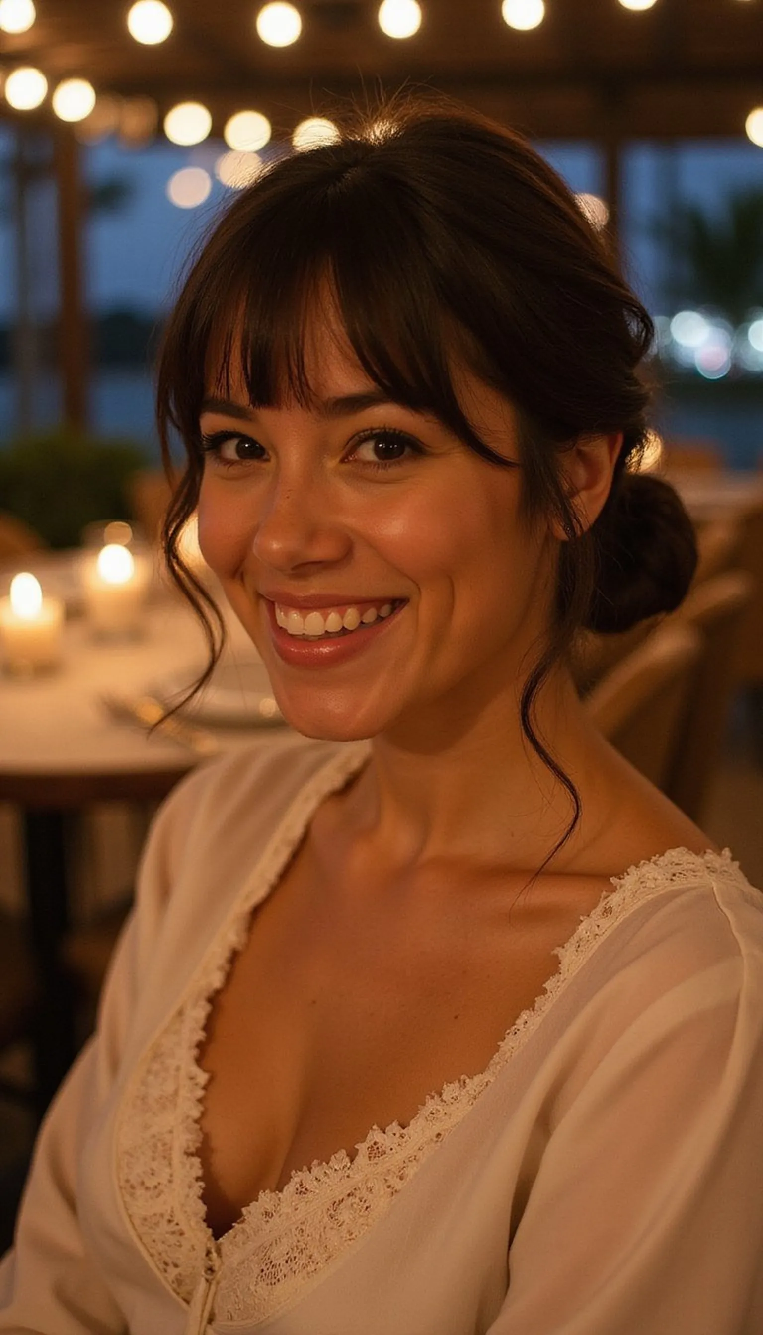 Low Chignon With Side-Swept Bangs For Elegant Evenings