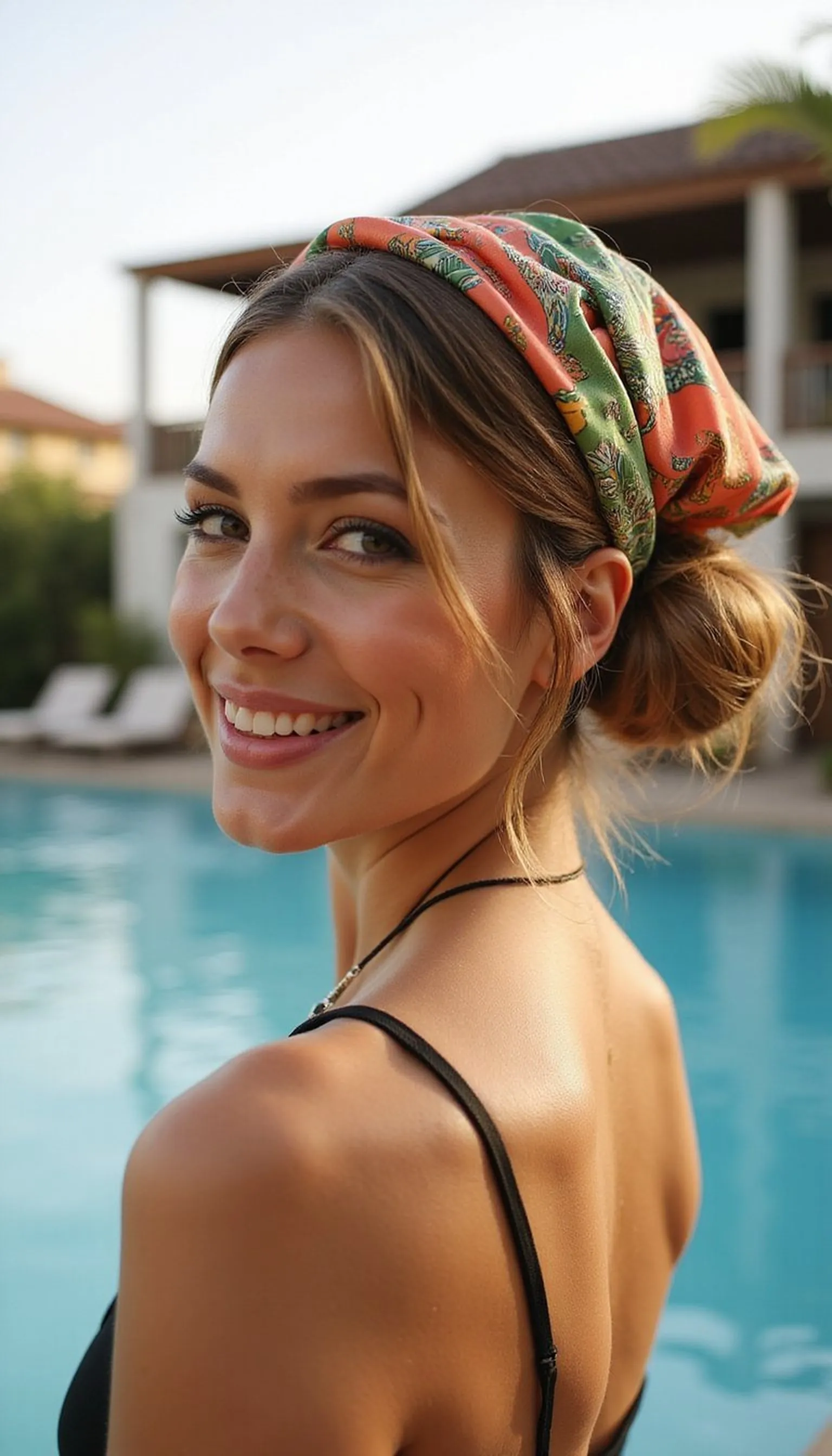 Messy Low Bun With Scarf For Chic Poolside Days
