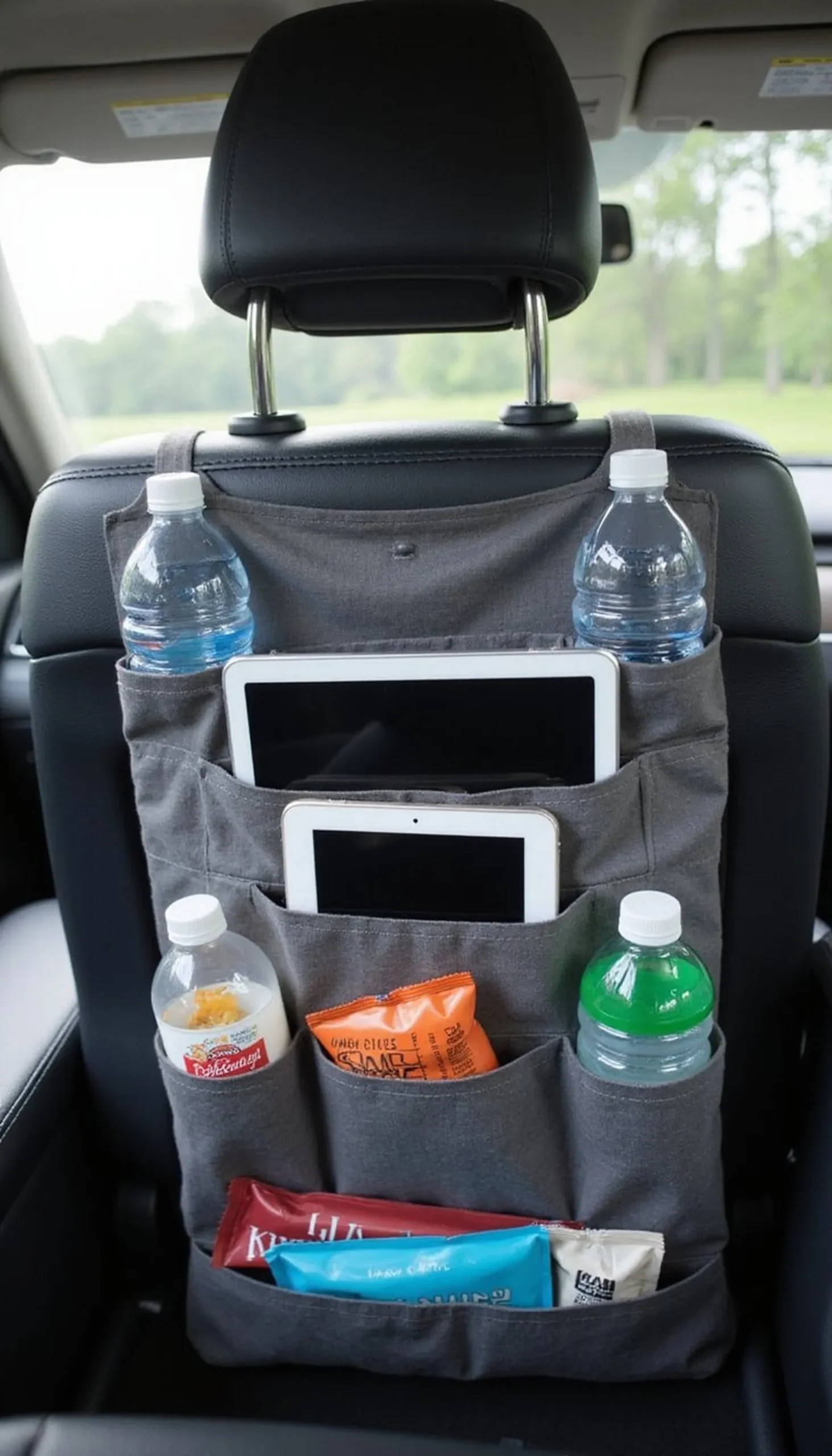 Backseat organizers that hold snacks and gadgets