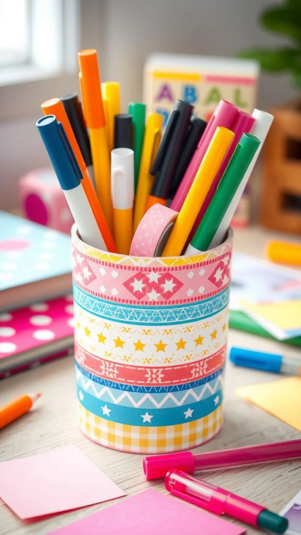 Washi Tape Covered Pen Cup with Playful Patterns
